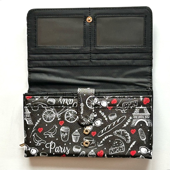 🍒NWT Jane & Berry Paris Print Large Accordion Wallet. Black/White/Red - Picture 2 of 11